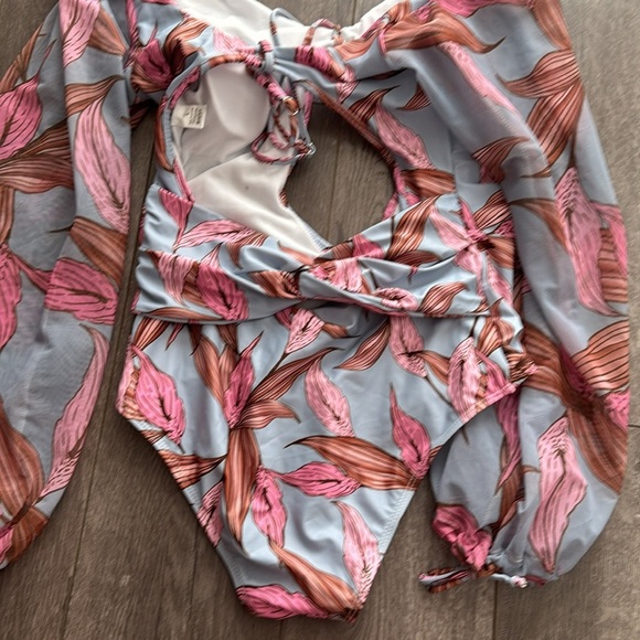 New V-Neck Printing Bandage Long Sleeve Siamese Swimsuit Bikini Pink Large - Picture 5 of 5